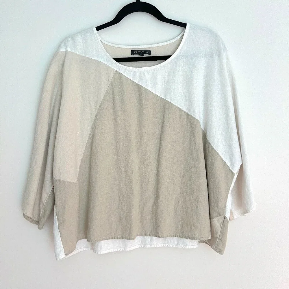 For Cynthia White Tan Linen Neutral Boxy Batwing Sleeve Blouse M